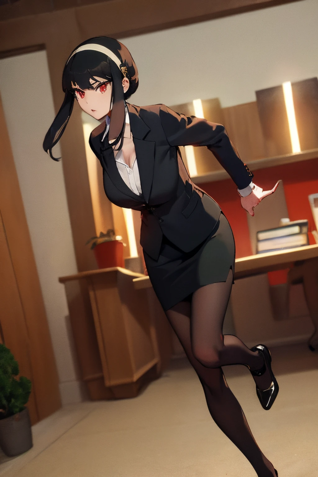 top-quality、​masterpiece、hight resolution、1girl in、A slender、Yor、 Bangs、side locks、shairband、 (Red Eyes:1.5)、Yellow Hairband、Black hair、Black hair、耳Nipple Ring、With weapons、Low posture、Fighting、Green Business Suit、Office Suits、Business Shoes、tight skirts、Unleash a kick、Attacking with your feet