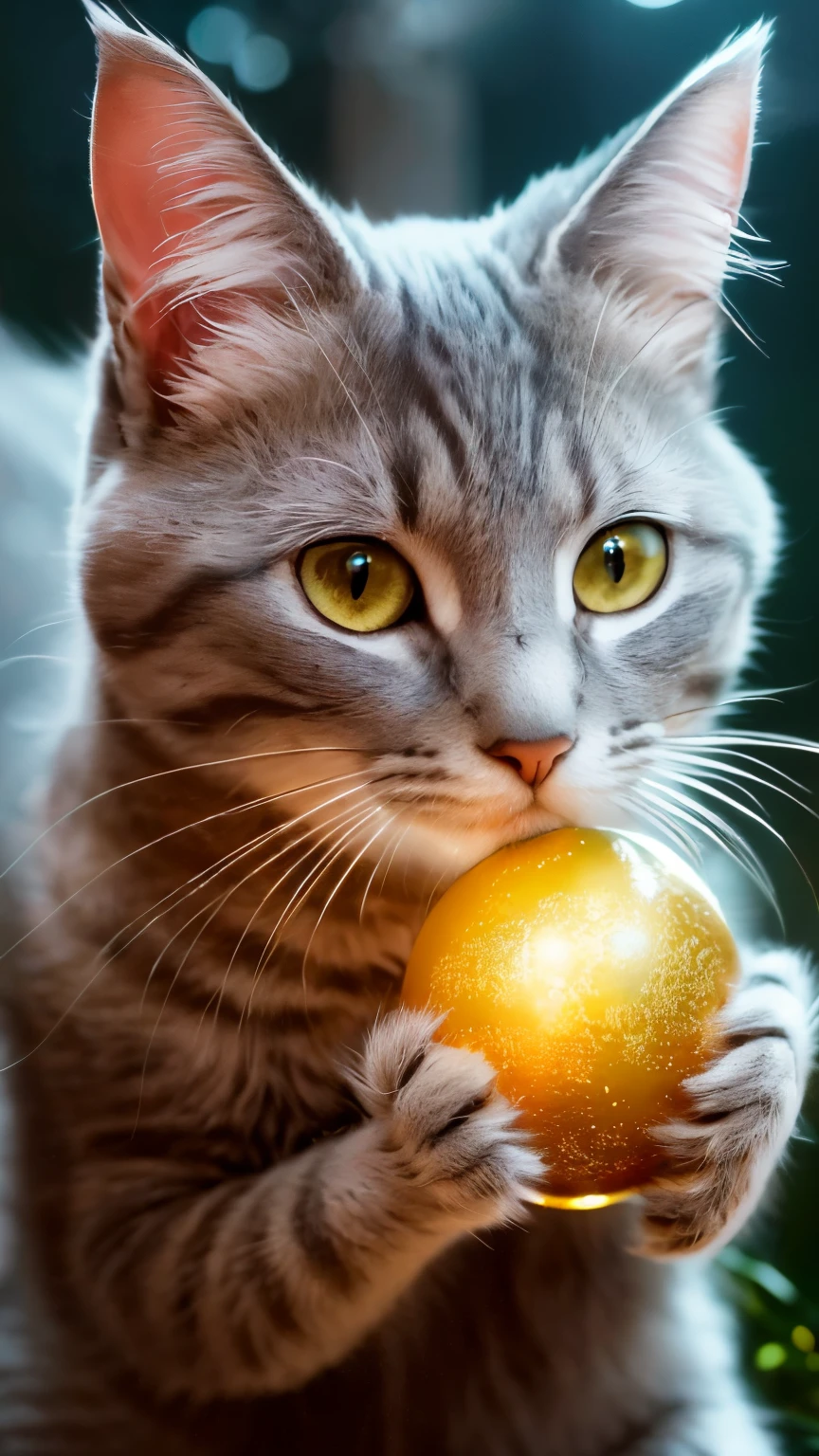 Best Quality,hight resolution,(Realistic:1.37),Cute detailed gray cat in dark fantasy setting,Illustration,Soft fur,Shining eyes,whiskers,tail,sharp claws,golden colour,enchanted forest background,mystic atmosphere,Magic glowing orb,Moonlit Night,Ethereal lighting,Rich colors,Mystery Tips,Whimsical style