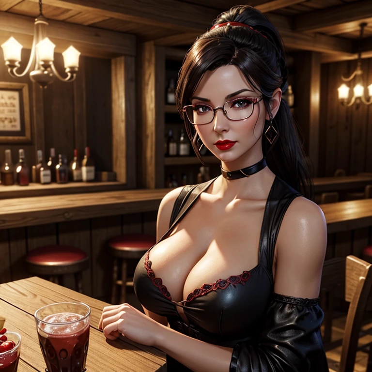 European woman, 30 years old, There adult woman in.a fantasy world, waitress in a tavern , old fashioned dress, glasses, Dark hair, red lips, Eye shadow, slutty makeup, Ponytail, beautiful chest, big breasts,Second Life Avatar, Beautiful screenshot, Second Life, attractive woman, high quality, highly detailed skin