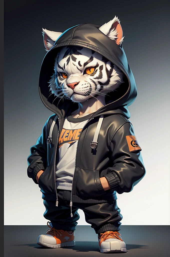 C4tt4stic, Black jacket,orange sweatpants,cartoon white tiger, Wearing an orange knitted hat,skin color is white,Wearing white shoes,facing front,No background,