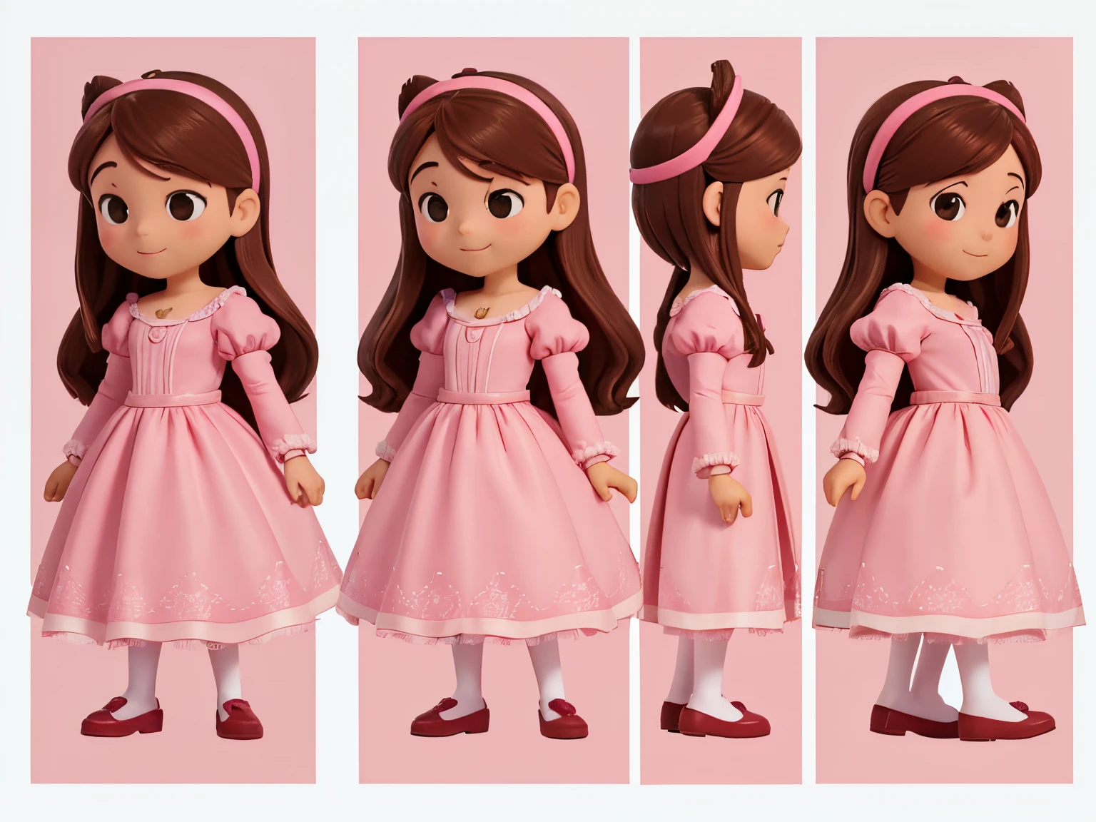 Imagem de perfil de uma  sentada, character animation frames, identical character design in each frame, The girl is alone, Feliz, brown hair, olhos castanhos, bochechas rosadas, Traje de cowboy cor-de-rosa, pink sapatilha Rosa, imagem vertical, fundo branco.