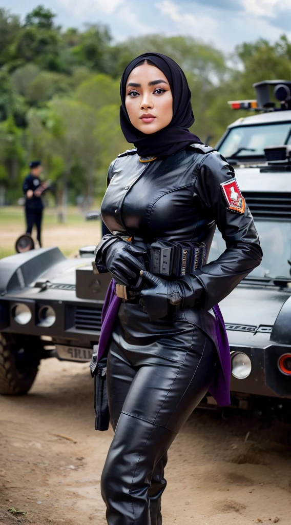 Photo realistic. Intricate details. A female soldier. Beautiful face. Indonesia-Russia morphed face. 23 years old. Wearing a violet berret. Wearing a black Indonesia Army uniform. Indonesia's red-white badge on her uniform. 
Fit and slim body. Carrying an MP5 SD submachine gun. Posing in front of an armored vehicle. Sharp photo. 32k resolution