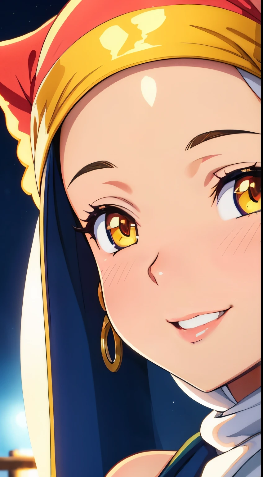 night scene, close up photo of a   javanese girl with hijab, posing, look at a camera and smile, ((close up)), light pastel hijab, , cute young face, 18 yo, perfect face, perfect nose, soft volumetric lights, (backlit:1.3), (cinematic:1.3), intricate details, (ArtStation:1.2)