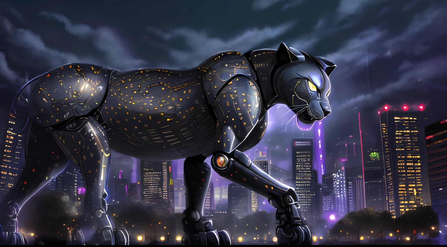 robot panther in a dask city