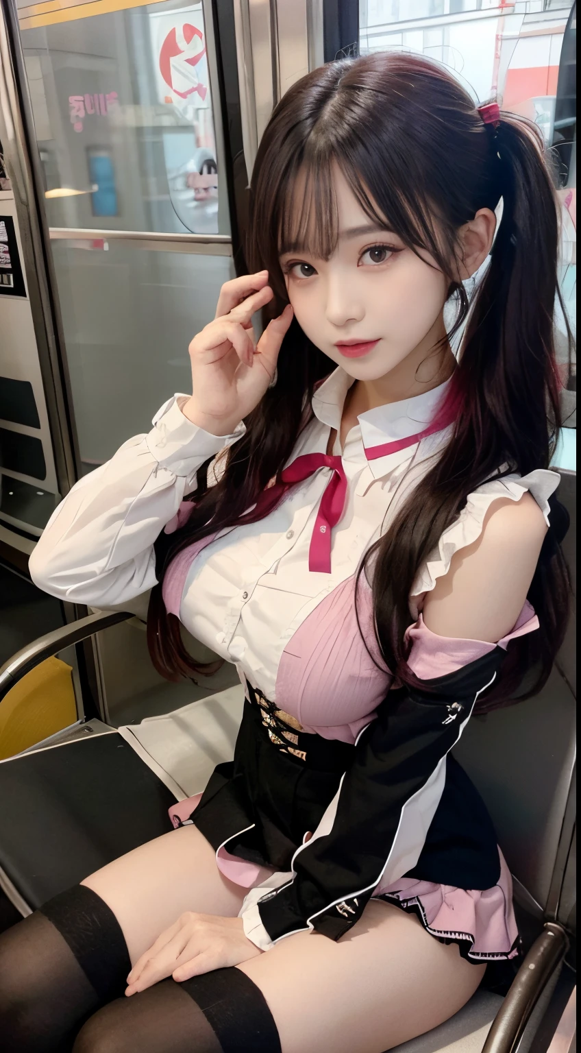 Korean Beauty,Sitting on the train,(((tmasterpiece))), ((best qualtiy)), ((intricate detailes)), ((Ultra-realistic realism)), Ridiculous resolution, A MILF, Mature Woman, ighly detailed, illustratio, 1girll,((Large breasts)), perfect hand, Detailed finger, Beautiful detailed eyes, Lowered twin tails, Colored inner hair, Very long black hair, Very bright pink hair, with brown eye, Name badge, ( Korean style long sleeve dark pink ruffle lace up pleated skirt, Black knee-high socks:2.2),detailedbackground, perfect eyes, mesmerizing eyes,Slightly open mouth, ((Ephemeral girl:1.2))