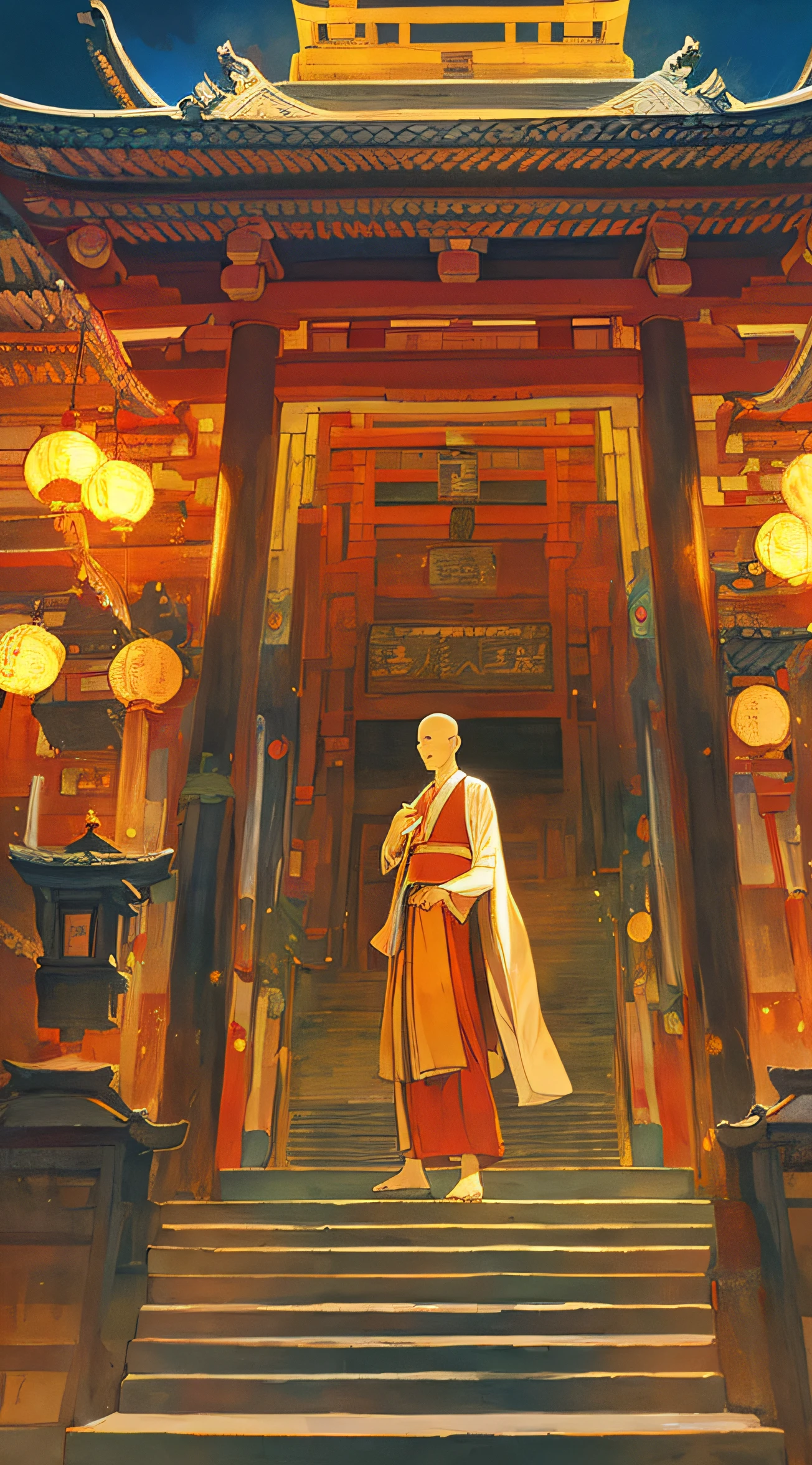 Illustration style picture，Monk standing in front of temple，There are elements of Tang culture，abstract japanese style