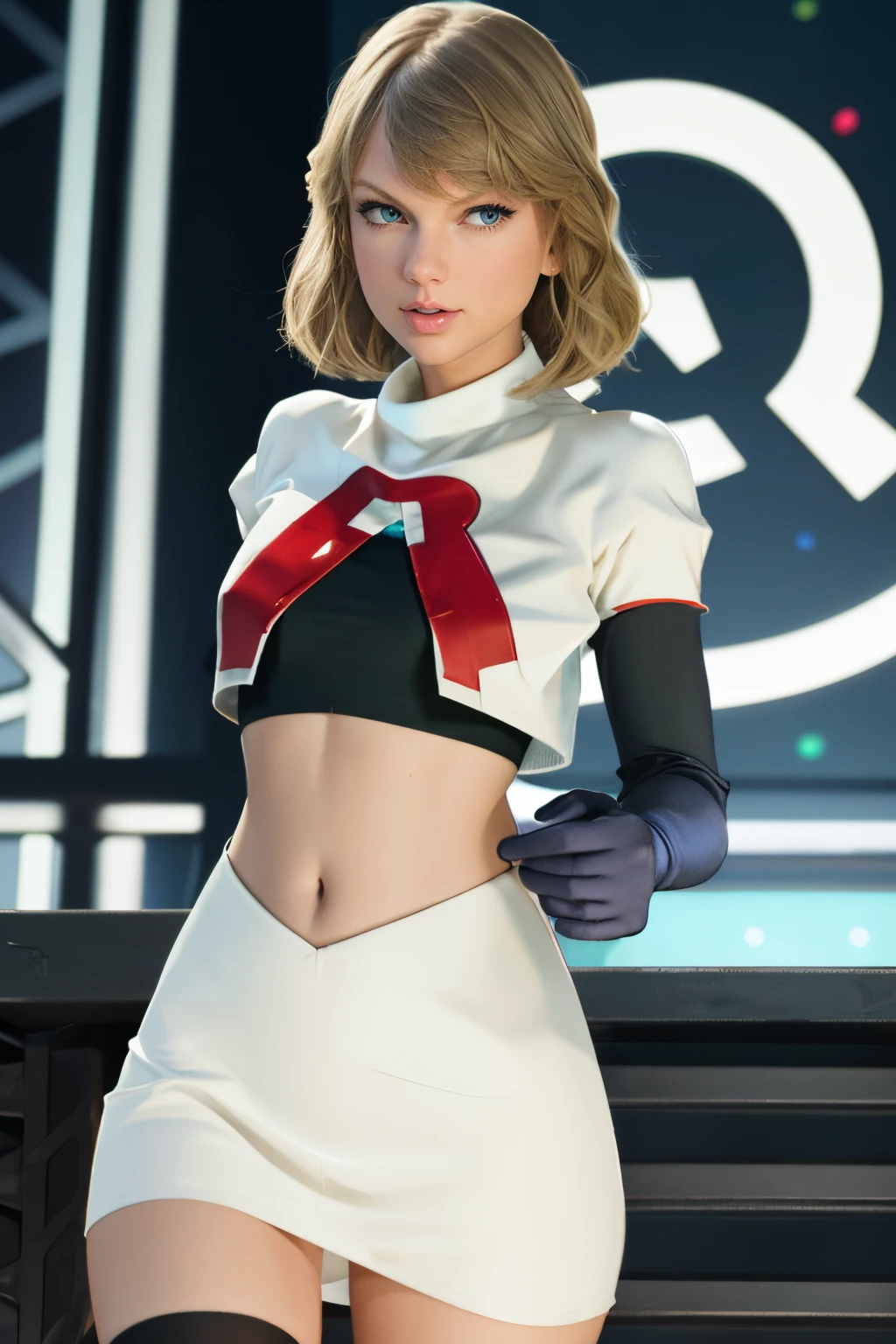 the face of Taylor Swift, 1girl,team rocket,team rocket uniform, red letter R, white skirt,white crop top,black thigh-highs,black elbow gloves