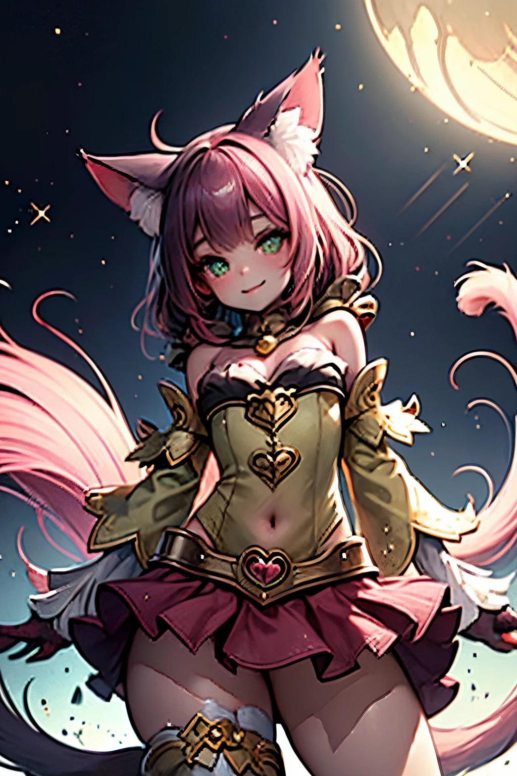 (highres:1.2),close up,cat girl,cat ears,coy smile,cute and mischievous expression,green eyes,long dark pink hair in a braid,cat tail,playful personality,furry fantasy,whimsical,adorable,anime style,soft pink lighting