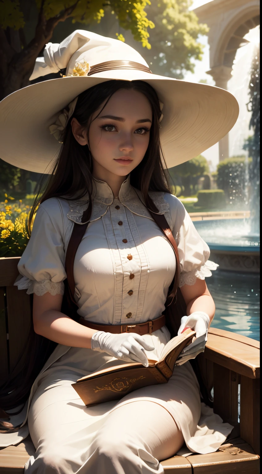 Beautiful Young Witch, sitting by the fountain, His face is illuminated by the bright rays of the sun, The girl is dressed in a white dress, wide-brimmed cap on the head, The perfect female face of the goddess, Деталь 8k, photo realistic style, sharp-focus, Professional lighting, colorful details, The painting is built according to the rule of the golden ratio, Around the garden of white roses, full-arm-gloves, Girl reading a huge ancient book