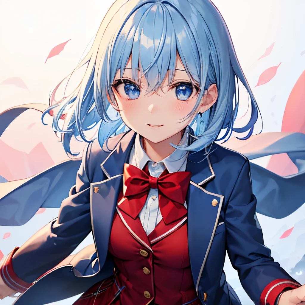 one girls、animations、snowscape、winter sky、short-hair、pale blue hair、blue eyess、coat、blazers、(Plain white shirt)、(red bowtie)、(Red plaid skirt)、Black stockings、A smile、red tide、hightquality、best qualtiy、
