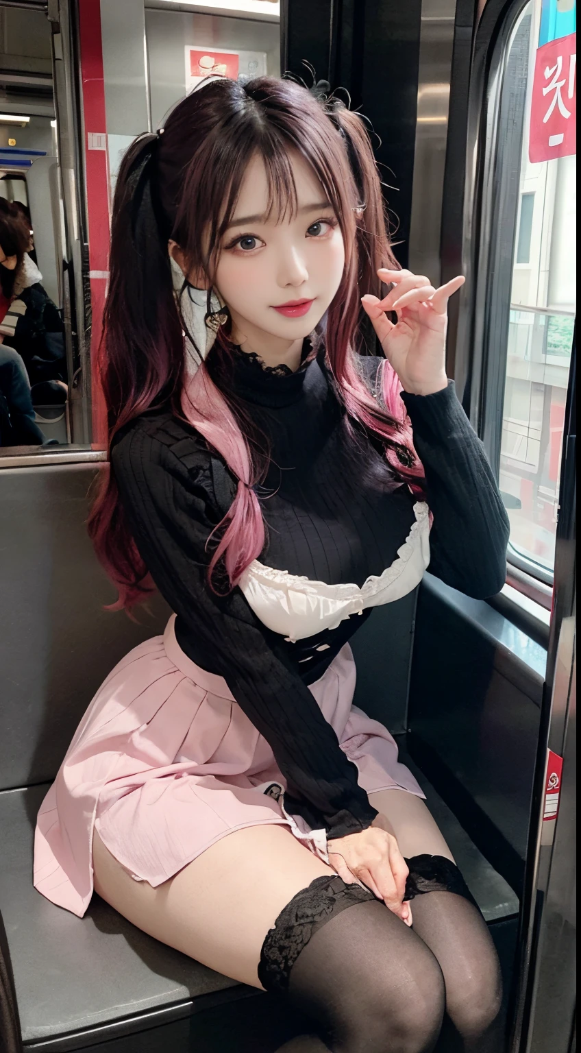 Korean Beauty，Sitting on the train，（（（tmasterpiece）））， （（best qualtiy））， （（intricate detailes））， （（Ultra-realistic realism））， Ridiculous resolution， A MILF， Mature Woman， ighly detailed， illustratio， 1girll，（（Large breasts））， perfect hand， Detailed finger， Beautiful detailed eyes， Lowered twin tails， Colored inner hair， Very long black hair, Very bright pink hair， with brown eye， Name badge， （ Korean style long sleeve dark pink ruffle lace up pleated skirt， Black knee-high socks:2.2），detailedbackground， perfect  eyes， mesmerizing eyes，Slightly open mouth, ((Ephemeral girl:1.2))