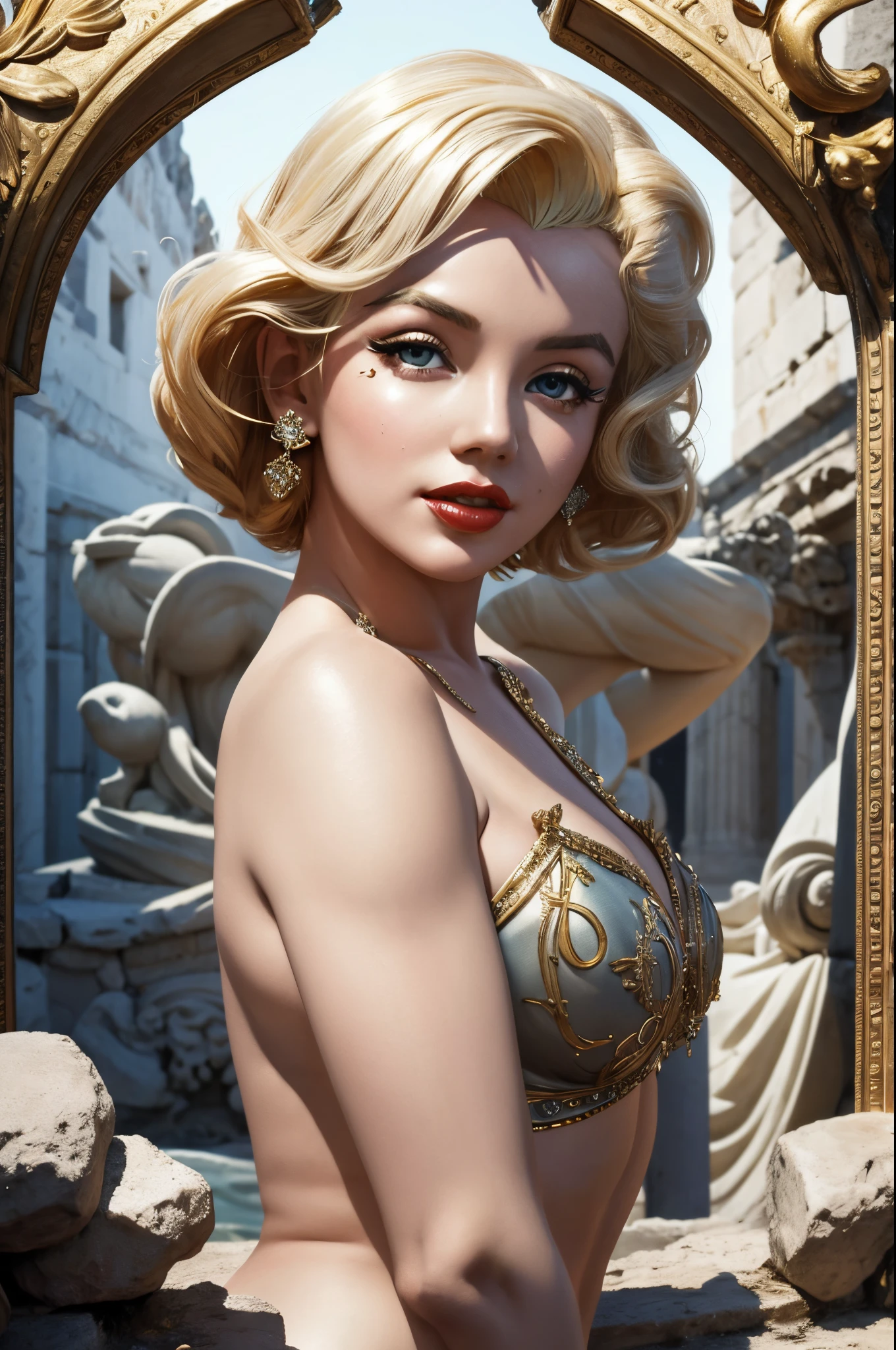 "Generate an AI image depicting Marilyn Monroe transformed into a mythical Greek goddess, incorporating elements of classic Greek mythology and aesthetics."