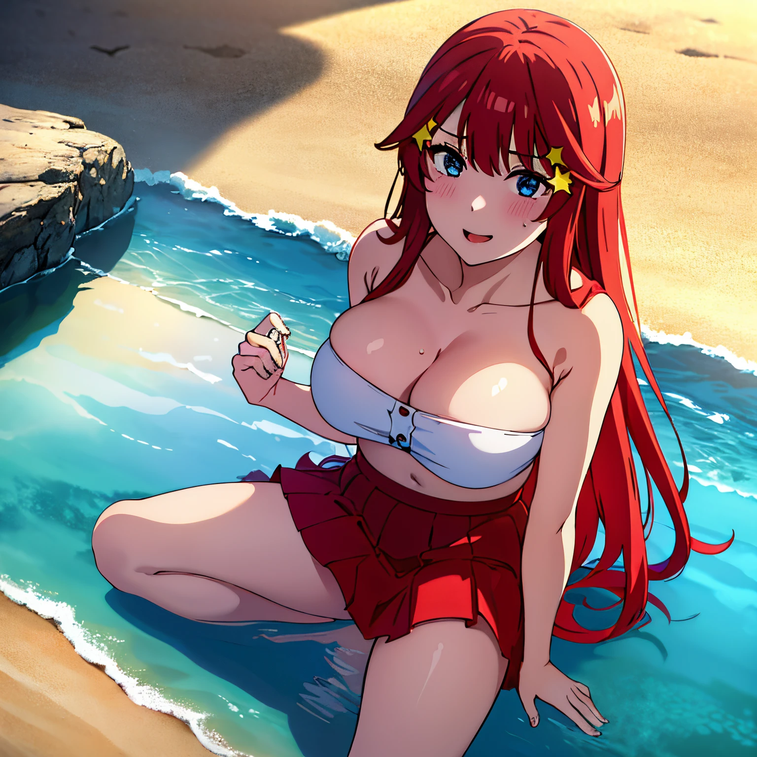 Point of view, (from above), exterior, rays of light, day, sea, beach, glow, thighs, clavicle, (masterpiece), 1 girl, alone, bikini, red ruffled blouse, red ruffled skirt, Itsuki nakano, NSFW, wide angle, 1 girl, blushing, makeup, sweaty, dull red lipstick, smiling, provocative, blue eyes, red hair, long hair, lock of hair, hair ornament, star decoration, decorations on the sides , good hand anatomy, sitting on the sand, legs open, big breasts, wide thighs, wide hips,
