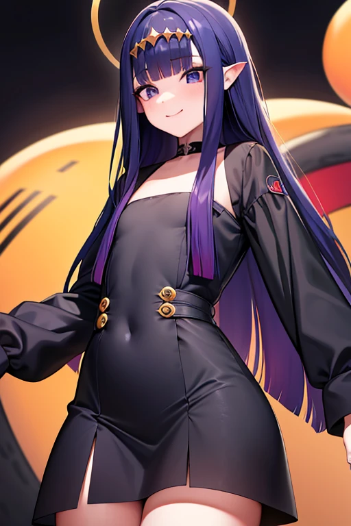 ((Ninomae ahora:1:1)), 1girll, vestido negro, Guantes negros, ojos azules, flequillo contundente, senos, ((Pechos gigantescos de escote:1.5)), (Enorme escote:1.3), ((caderas anchas:1.2)), ((muslos gruesos:1.2)), Mangas separadas, vestido, Guantes, Cabello degradado, Cabello largo, Ver el visor, cabello multicolor, cabello naranja, orejas puntiagudas, purple hair, Cerraduras laterales, Manga unifamiliar, Guante individual, small breasts, They are smiling, solamente, Sin correa para el hombro, Vestido sin tirantes, tentacle hair, tentacles, vestido de tubo, Pelo muy largo, Youtuber virtual, Rostro femenino perfecto, hermoso cabello detallado cara detallada, foco nítido, volumetric illumination, Luz de llanta fuerte