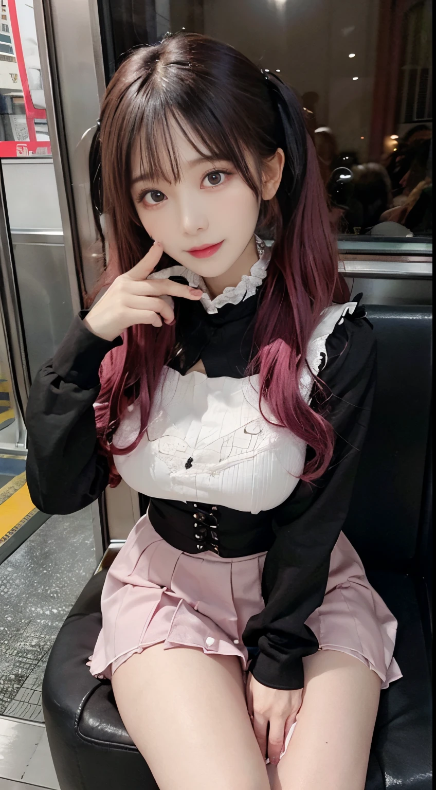 Korean Beauty,Sitting on the train,(((tmasterpiece))), ((best qualtiy)), ((intricate detailes)), ((Ultra-realistic realism)), Ridiculous resolution, A MILF, Mature Woman, ighly detailed, illustratio, 1girll,((Large breasts)), perfect hand, Detailed finger, Beautiful detailed eyes, Lowered twin tails, Colored inner hair, Very long black hair, Very bright pink hair, with brown eye, Name badge, ( Korean style long sleeve dark pink ruffle lace up pleated skirt, Black knee-high socks:2.2),detailedbackground, perfect eyes, mesmerizing eyes,Slightly open mouth, ((Ephemeral girl:1.2))