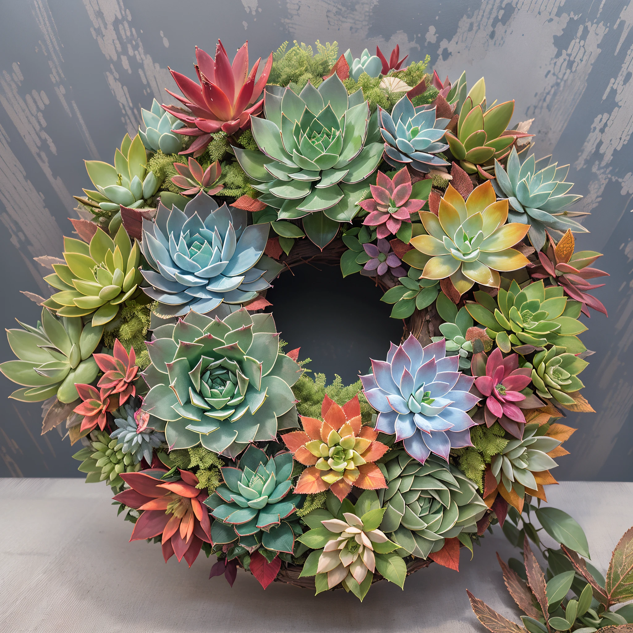 (Best quality at best,A high resolution,tmasterpiece:1.2),Beautiful succulent wreath，Christmas wreath，Colorful succulents，thick leaves：1.37，crystal-clear