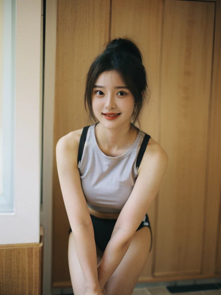 ((史上類を見ないmasterpiece、highest quality、woman, grin and laugh、erotic lingerie、sexy lingerie、down blouse、(leaning forward:1.3)、(oversize tshirt、Loose-fitting T-shirt、Low Cut T-Shirt:1.2)、(highest quality、8K、32K、masterpiece)、(Detailed bra)、squat、one's home、blurred background、close up of chest、entrance、skirt、joined、physical education sitting、open your legs