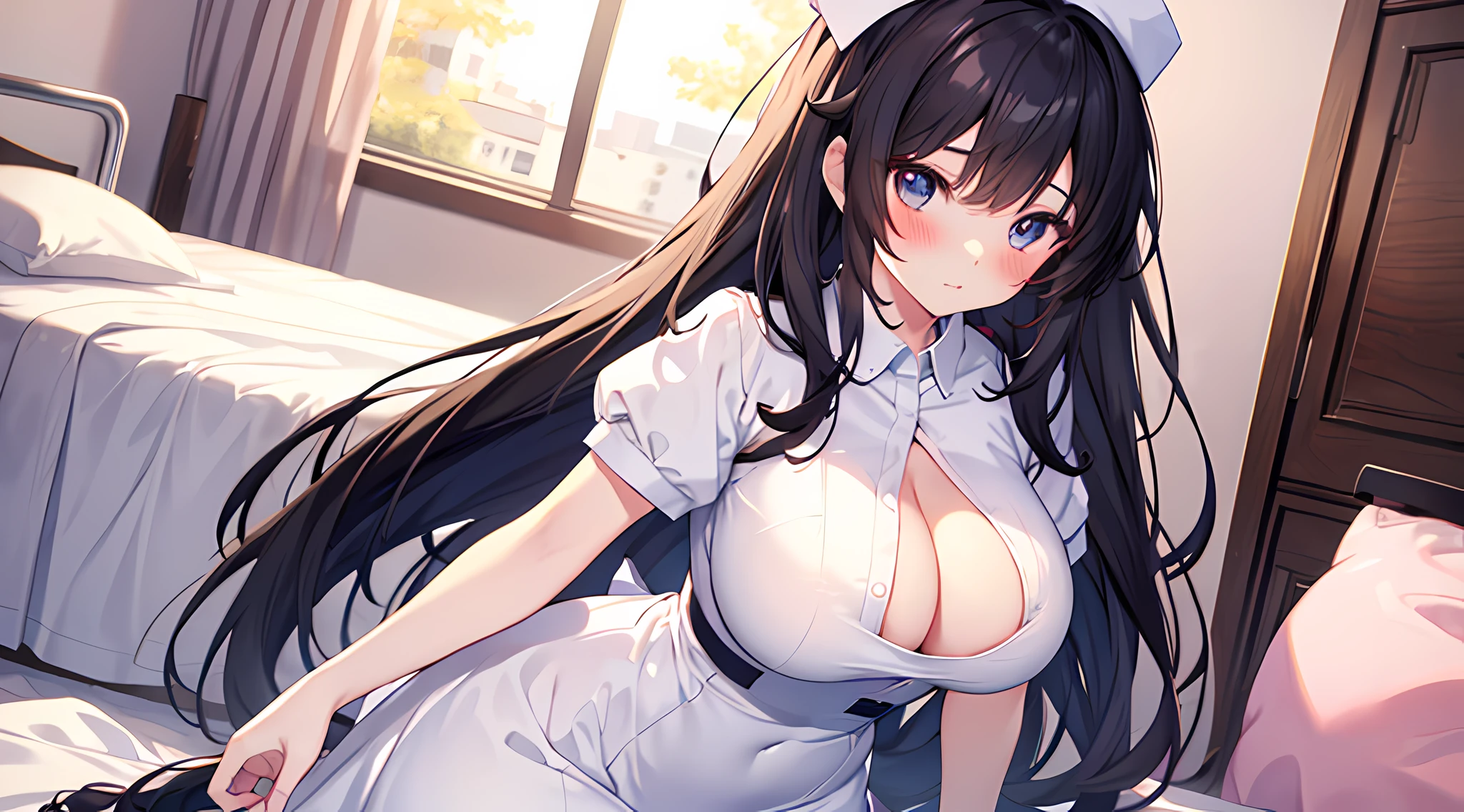 anime girl with big breast posing in a hospital, (nurse uniform, beautiful eyes finely detailed, blushed face), seductive anime girl, smooth anime cg art, oppai, anime moe artstyle, girl in nurse dress, [ 4 k digital art ]!!, thicc, cute anime waifu in a nice nurse dress, (sfw) safe for work, fluffy chest, marin kitagawa fanart, attractive anime girl