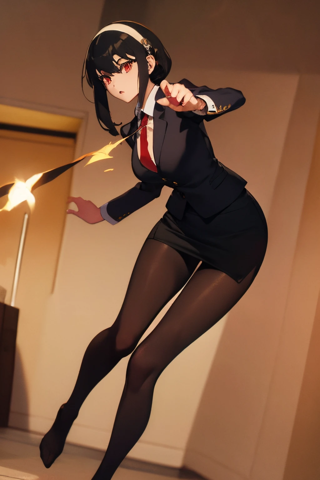 top-quality、​masterpiece、hight resolution、1girl in、A slender、Yor、 Bangs、side locks、shairband、 (Red Eyes:1.5)、Yellow Hairband、Black hair、Black hair、耳Nipple Ring、With weapons、Low posture、Fighting、Green Business Suit、Office Suits、Black tights、tight skirts、Unleash a kick、Attacking with your feet