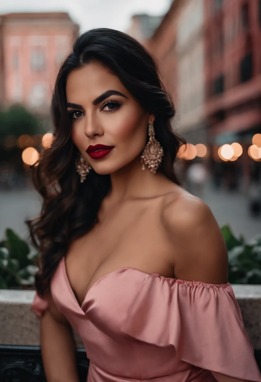 bueatiful mexican women with dark hair a big cleavage taking selfie at a date in the city in a sexy dress by herself alone red dress big lips pink lipstick makeup eye lashes sexy rich