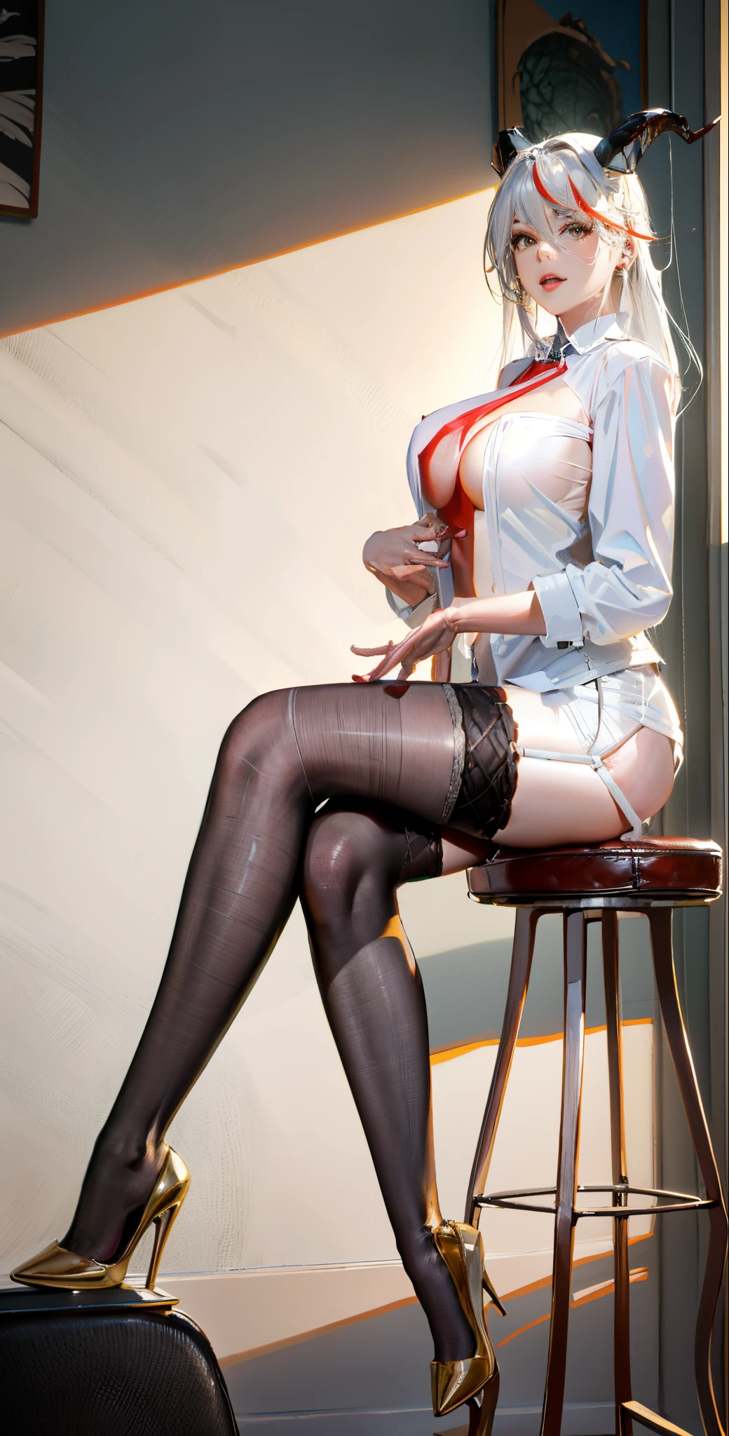 Arav is sitting on the stool，phone in hand, smooth anime cg art, cute elegant pose, Stylish white skinny suit, Sit Pose, The character is in a natural pose, Elegant and seductive posture, Anime Barbie wearing white stockings, A surreal schoolgirl, Casual pose, A sexy pose, surreal school girl, Popular topics on cgstation