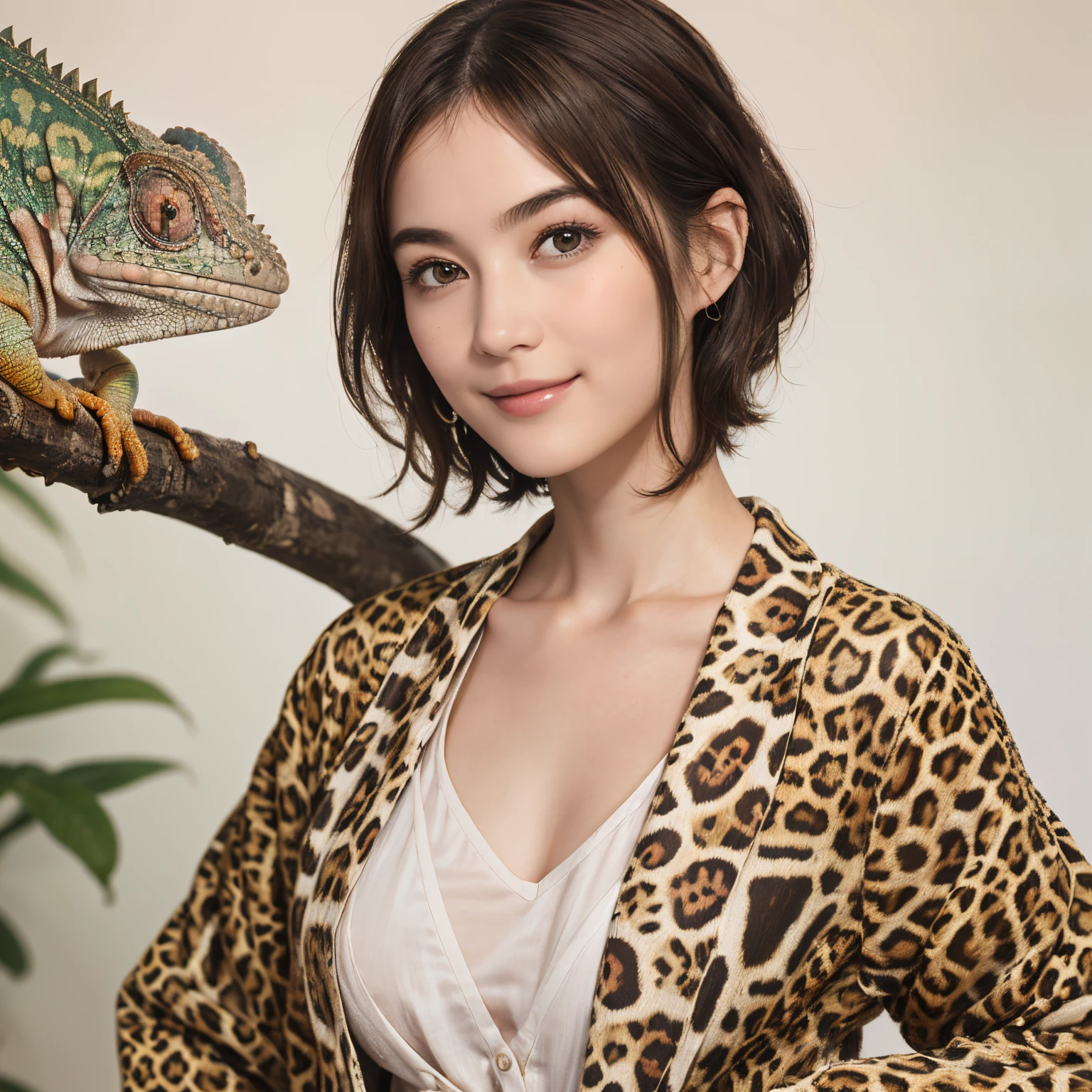 112
(a 20 yo woman,is standing), (A hyper-realistic), (high-level image quality), ((beautiful hairstyle 46)), ((short-hair)), (Gentle smile), (brest:1.1), (wild animal print clothing), (There is a chameleon)