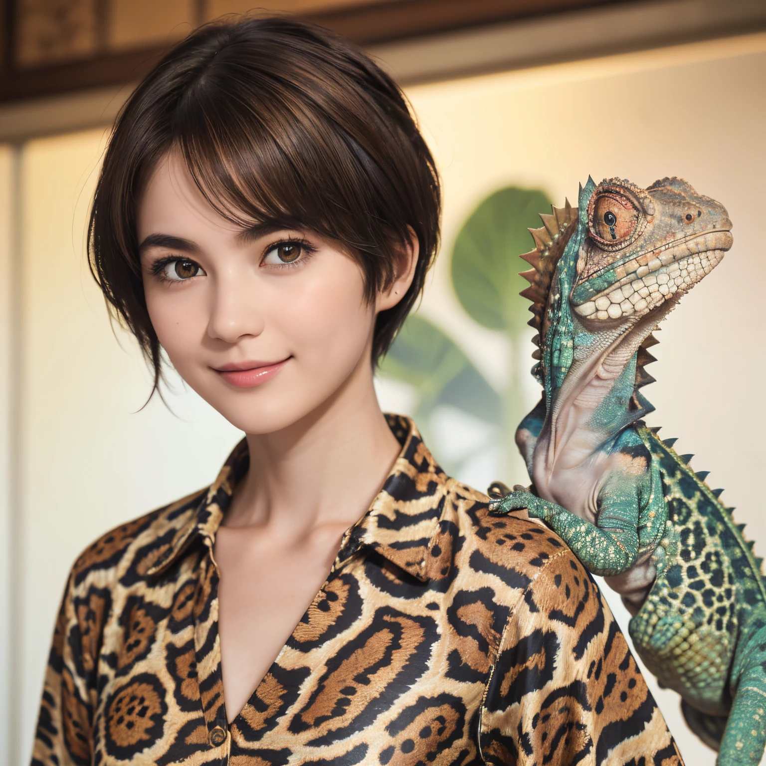 112
(a 20 yo woman,is standing), (A hyper-realistic), (high-level image quality), ((beautiful hairstyle 46)), ((short-hair)), (Gentle smile), (brest:1.1), (wild animal print clothing), (There is a chameleon)