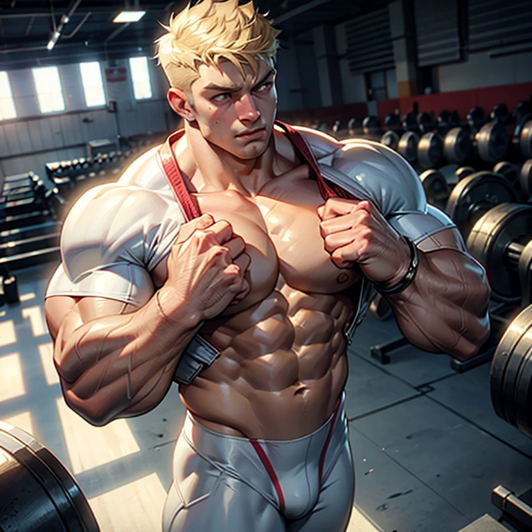 Photo, arafed blond hair white guy in a very small wrestling suit that doesn't fit, standing in a gym, massive muscles, exaggerated physique, exaggerated muscle physique, exaggeratedly large physique, bodybuilder body, large muscles, absurdly massive physique, big muscle, bulging muscles, bodybuilder, huge muscles, big muscles, robust stocky body, body builder