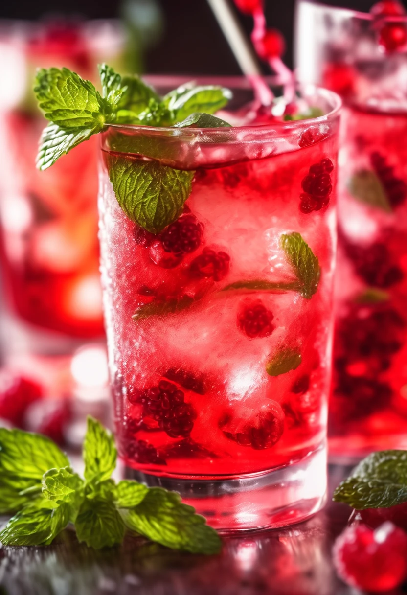 Cocktail with respbery, ice, mint leavs and zedra, scarlet color, extreme close up photo, texture, scarlet color, background . High quality Stock photo, promo photo, 4k. background banner, Editorial Photography, Shot on 70mm lens, Depth of Field, Bokeh, DOF, Tilt Blur, Shutter Speed 1/1000, high key White Balance, low contrast, Super-Resolution