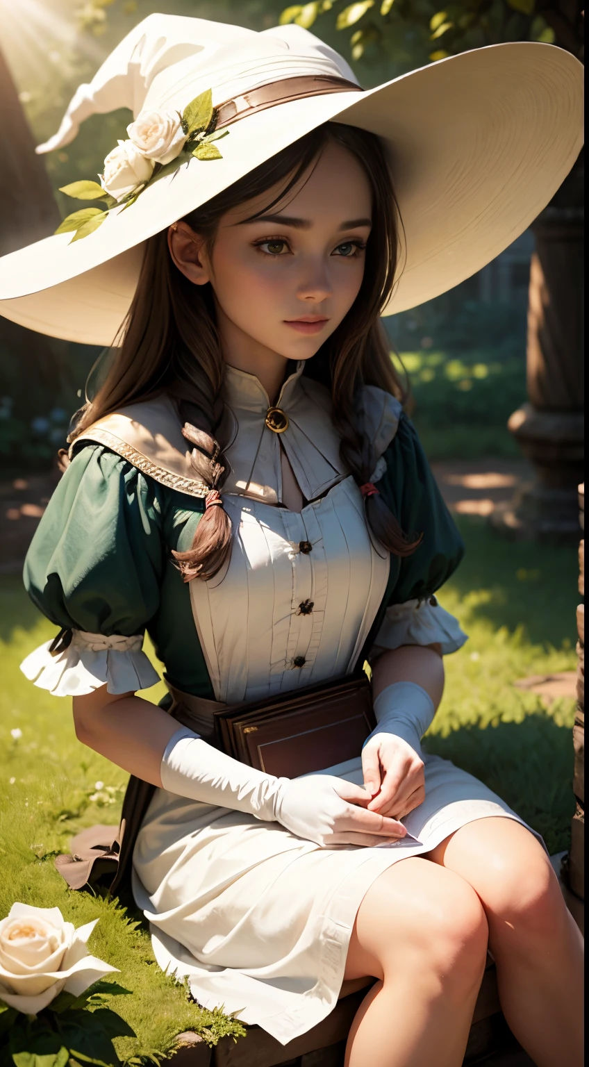 Beautiful young witch sitting on green grass, His face is illuminated by the bright rays of the sun, The girl is dressed in a white dress, wide-brimmed witch&#39;s hat on the head, The perfect female face of the goddess, Деталь 8k, photo realistic style, sharp-focus, Professional lighting, colorful details, The painting is built according to the rule of the golden ratio, Around the garden of white roses, full-arm-gloves, Girl reading a huge ancient book