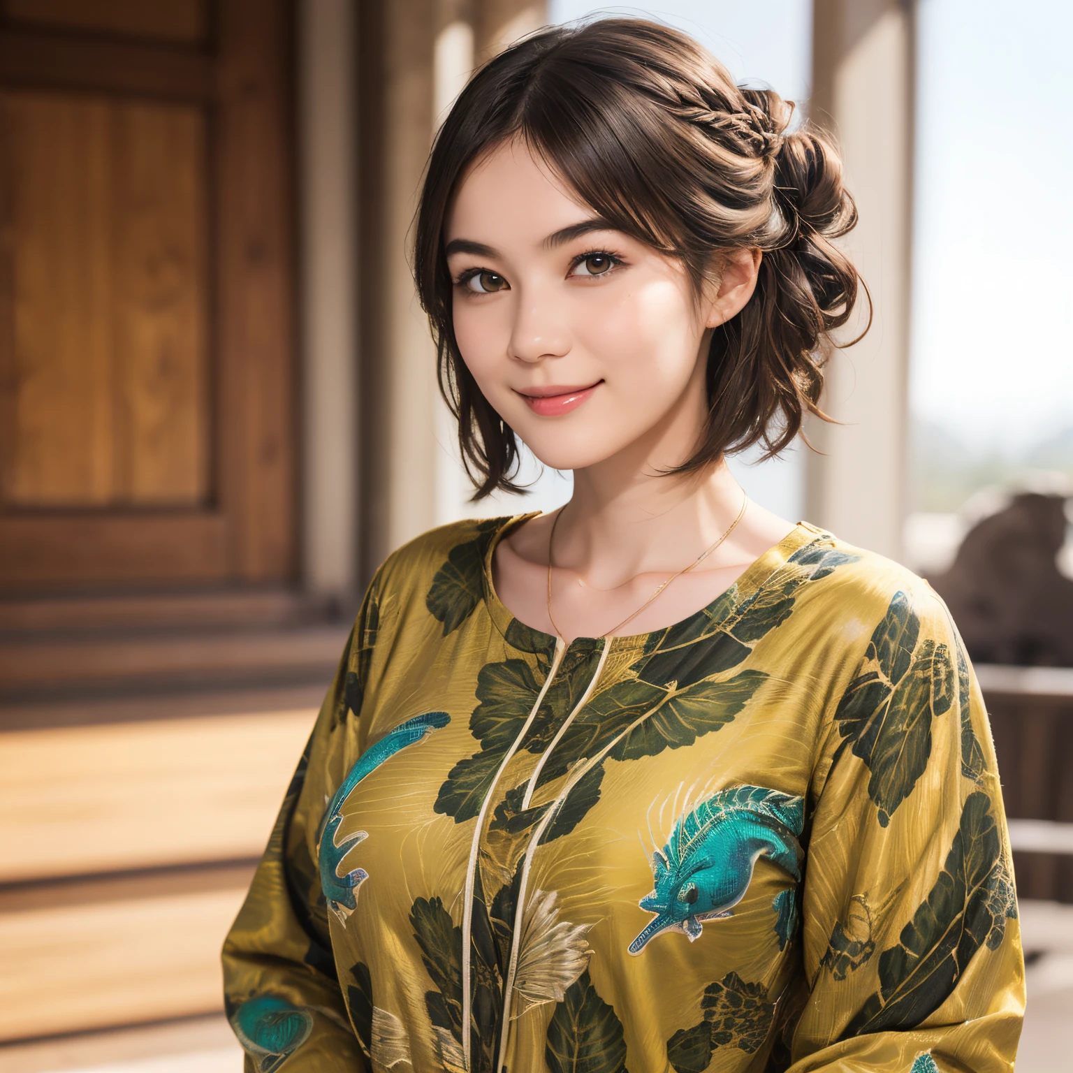 112
(a 20 yo woman,is standing), (A hyper-realistic), (high-level image quality), ((beautiful hairstyle 46)), ((short-hair)), (Gentle smile), (brest:1.1), (wild animal print clothing), (There is a chameleon)