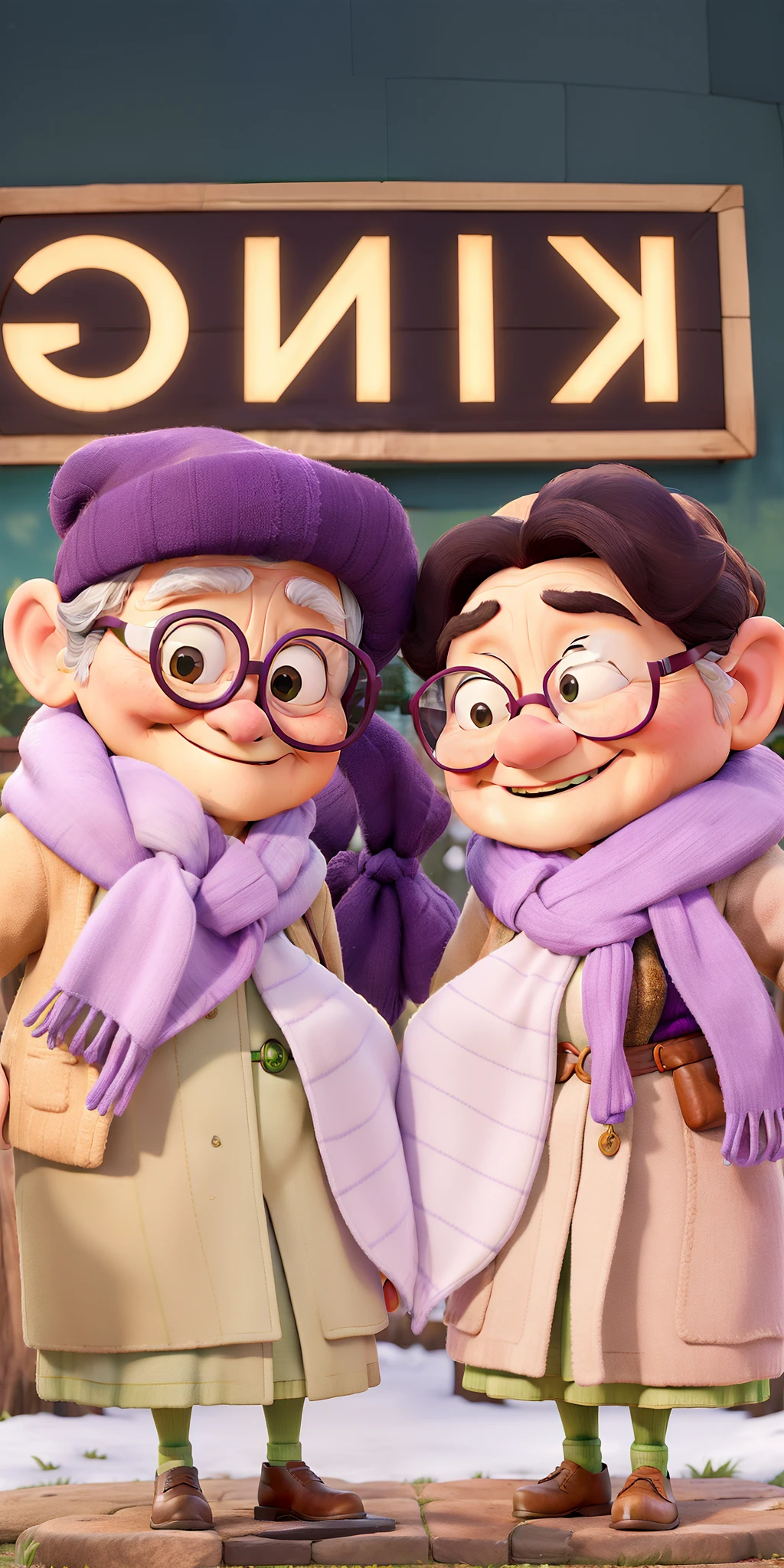 masterpiece, best quality, an old woman with glasses and a scarf on, wearing a purple coat and green scarf, standing at the park