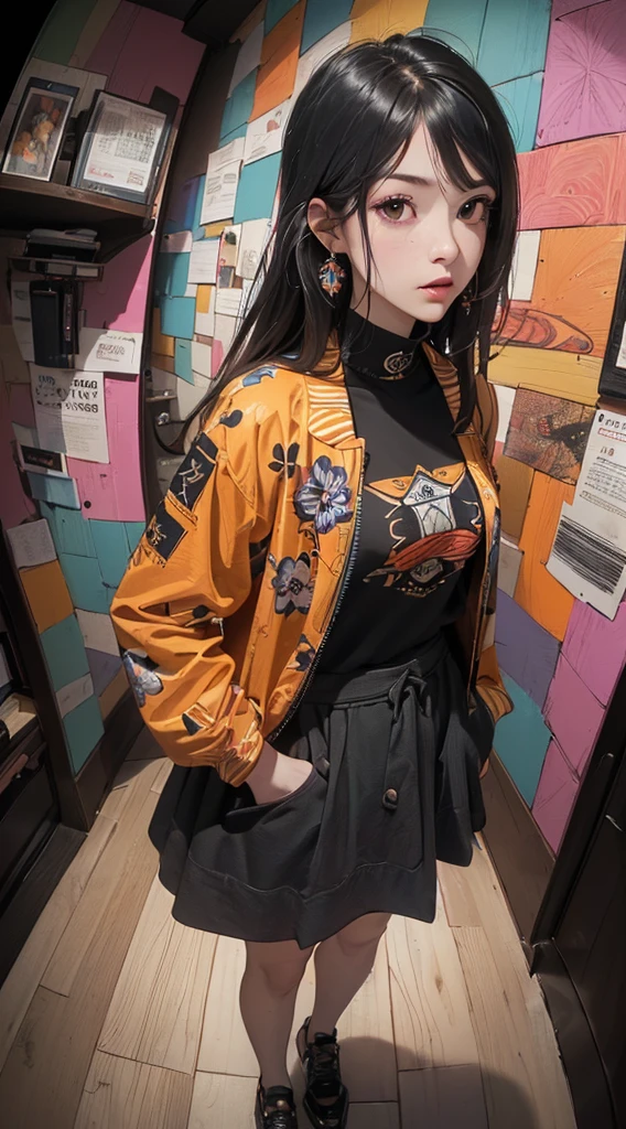 (((8k wallpaper of extremely detailed CG unit:1.2, masterpiece, hight resolution:1.2, top-quality:1.2, masutepiece))), ((a very beautiful woman, Hands in pockets:1.8, Grunge Fashion:1.2, wear a blouson:1.2, Wearing a long skirt, Wearing shoes)), ((extra detailed face, Highly detailed black eyes, extra detailed body, Top quality real texture skins)), (A dark-haired, length hair, de pele branca), ((colorful geometric pattern wall, Colorful wall)), (high-angle:1.2, a closeup, Fisheye:1.3), hyper realisitic, digitial painting,