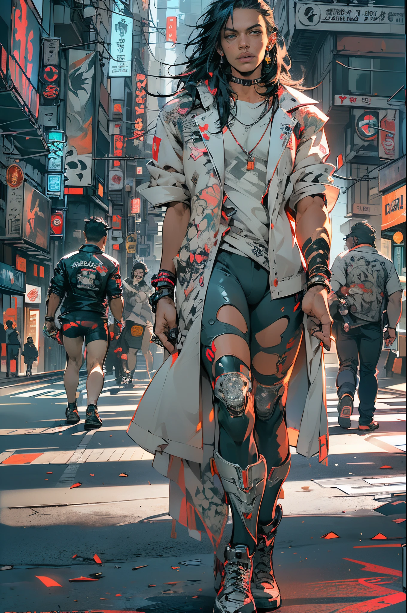 Redraw:the ground,((Multiple award-winning works, With incredible details, textures and maximum detail,(フォトリアリスティック))), ((Use dazzling cyberpunk style,bright color scheme,Depicting a man,Wearing:Harajuku-style fashionable clothing,Robotic arms and legs, ((Get on the motorcycle)), ((Stand in front of the motorcycle)), ((Get on a motorcycle)),(((harley davidson motorbike))),(((the right motorcycle:1.7))),(((Correct ratio of people to vehicles:1.6))),Bold colors and patterns, eye-catching accessories, Stylish and innovative hairstyle,)),((boy with cyborg body,A handsome young)),((tall, shapely man)),((Muscular middle-aged man)), (Full-body image:1.2), (best quality real texture skin), ((five perfect and beautiful fingers)), (Anatomically correct limbs and physique:1.5), (Anatomically correct perspective and occlusion:1.5),(Gender characteristics are very obvious:1.5),(Exquisite, round and symmetrical eyes), (correct faces), ((Handsome and delicate face:1.6)), ((Background:view over city, skyscrapper, neonlight, LED lights),)), (Complicated details:1.1), the complex background)), ((Bright and vivid color scheme:1.7)),((dynamic viewing angle+dynamic combination)),city night,((bad way)),