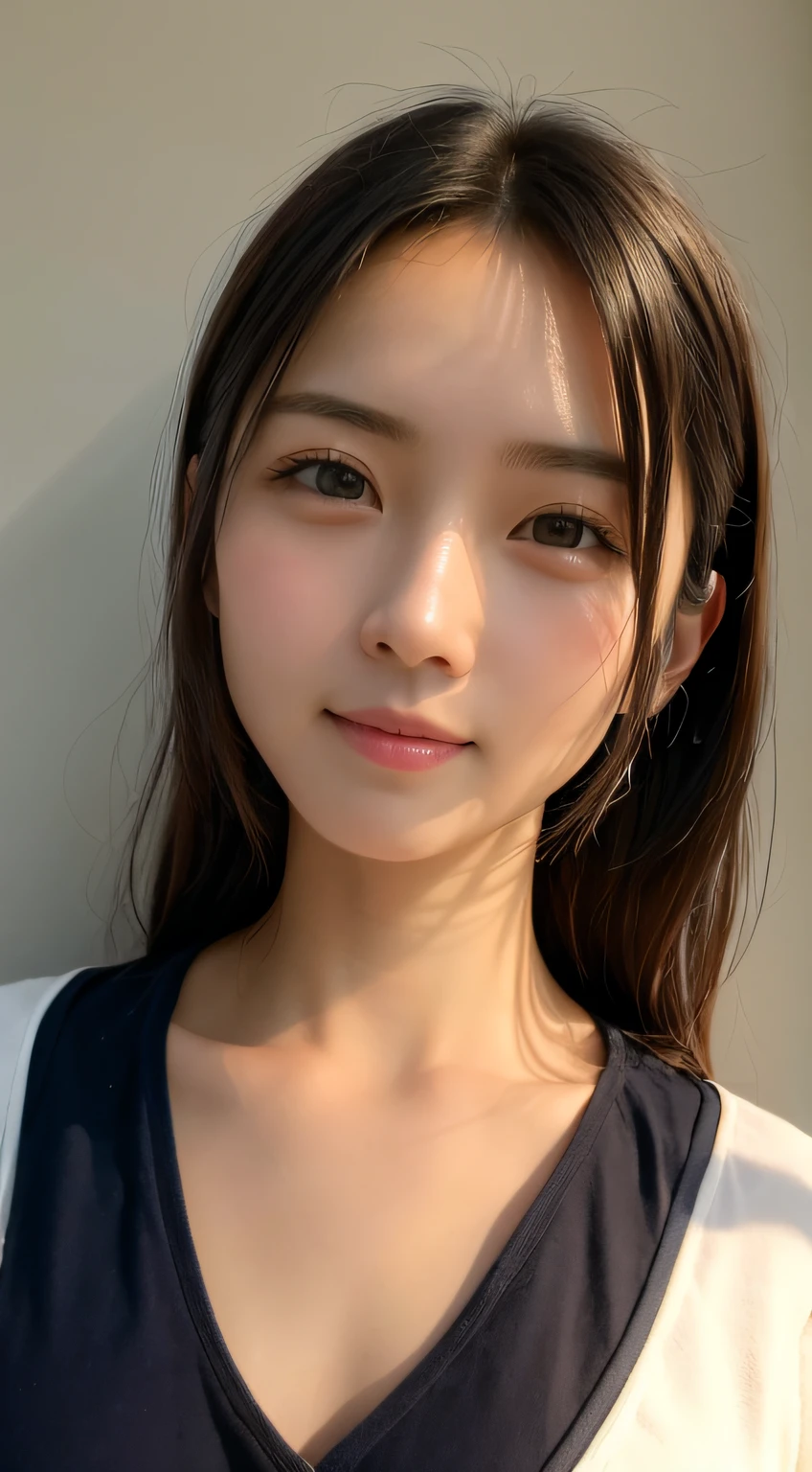 masterpiece, top-quality, 8K, absurderes, (The upper part of the body:1.4), white shirt, beautiful a girl, Clean face, a smile, A hyper-realistic, hight resolution, a picture, film grains, chromatic abberation, foco nítido, HDR, face lights, Dynamic lighting, 电影灯光, Professional Shadows, simple background, highestdetailed, ighly detailed, ultra-detailliert, finely detail, authentic skin, delicated facial features, detailed faces and eyes, Sharp pupils、Realistic pupils
