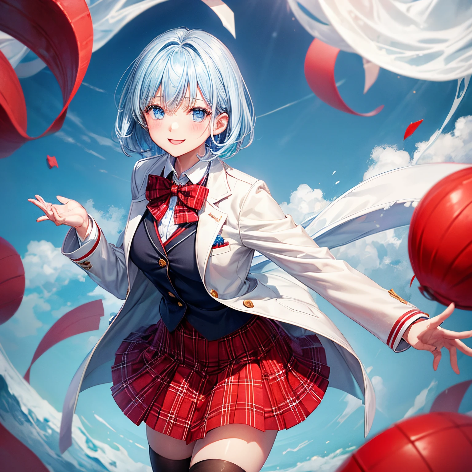 one girls、animations、snowscape、winter sky、short-hair、pale blue hair、blue eyess、coat、blazers、(Plain white shirt)、(red bowtie)、(Red plaid skirt)、Black stockings、A smile、red tide、hightquality、best qualtiy、