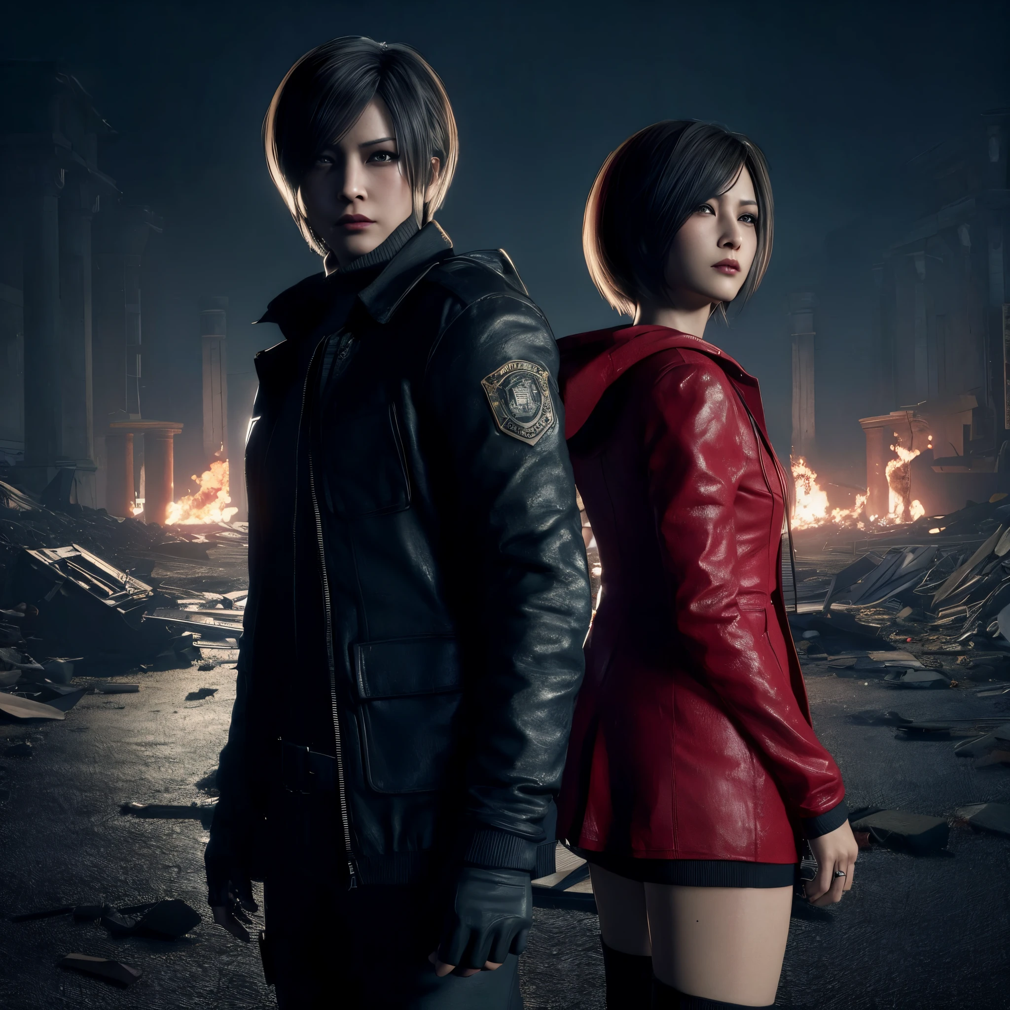 Ada wong ,Woman, wearing red hoody dress, bob hair, red polish, glare expression, tired, glare