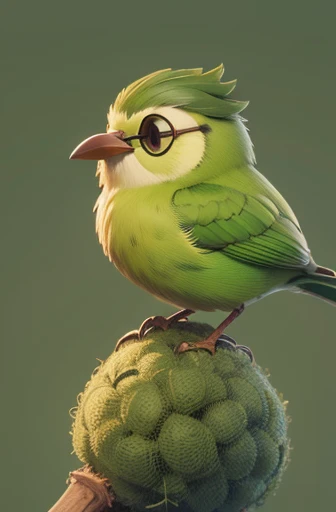 masterpiece, best quality, green bird, cute, small, round body, cute face, Indonesian, glasses, simple background, solo