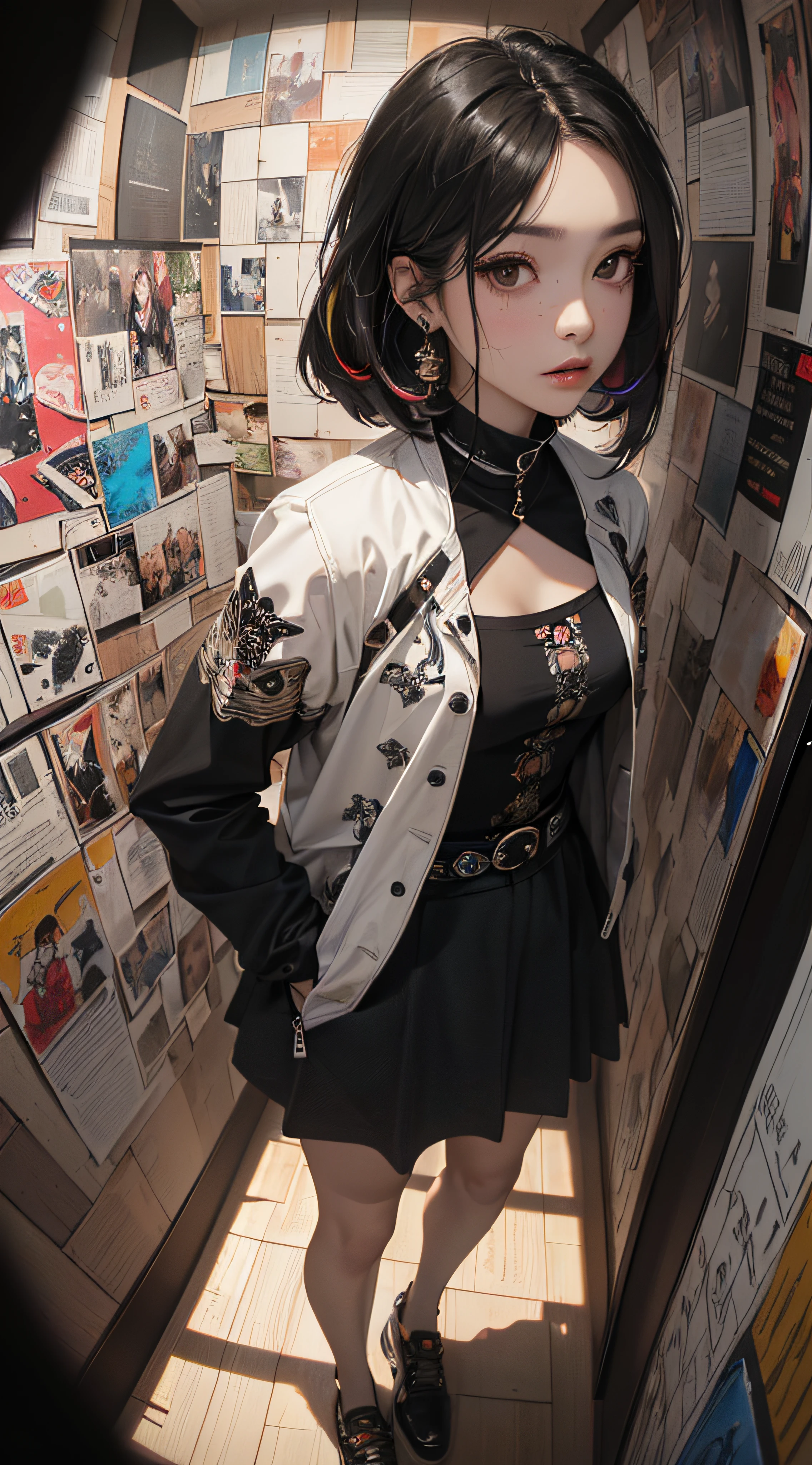 (((8k wallpaper of extremely detailed CG unit:1.2, masterpiece, hight resolution:1.2, top-quality:1.2, masutepiece))), ((a very beautiful woman, Hands in pockets:1.8, Grunge Fashion:1.2, wear a blouson:1.2, Wearing a long skirt, Wearing shoes)), ((extra detailed face, Highly detailed black eyes, extra detailed body, Top quality real texture skins)), (A dark-haired, length hair, de pele branca), ((colorful geometric pattern wall, Colorful wall)), (high-angle:1.2, a closeup, Fisheye:1.3), hyper realisitic, digitial painting,