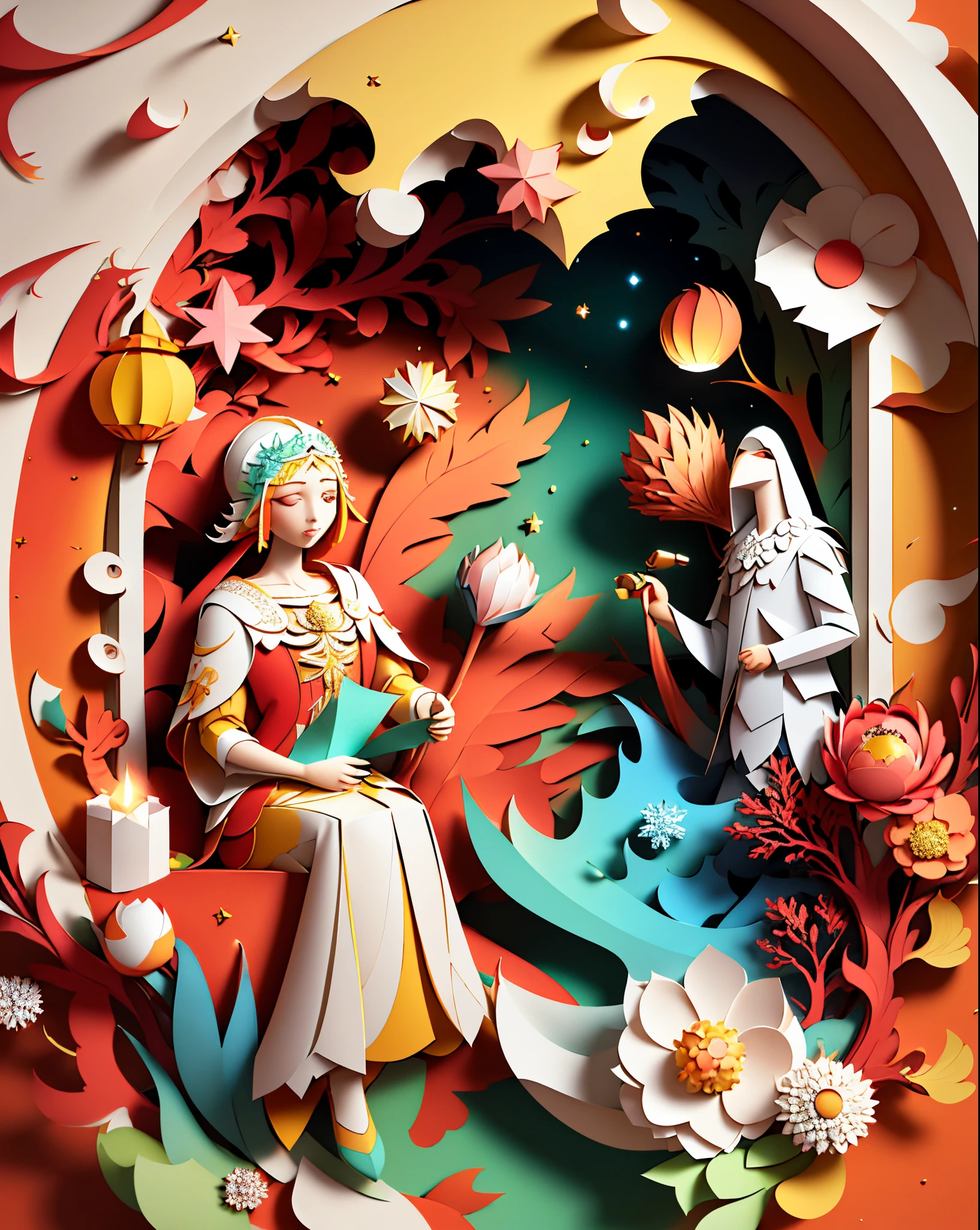 Softlight,(warm color:1.2),Water color painting,light background,best quality exquisite details,3d rendering,Octane render,pastel, nativity,(paper_cut:1.15),