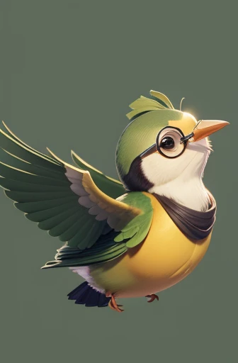 masterpiece, best quality, green bird, cute, small, round body, cute face, Indonesian, royal robes, glasses, flying, simple background, solo