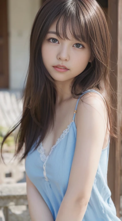 masterpiece, highest quality, 16k, 1 girl, correct human hand, correct human fingers, japanese girl, close up of face, cute, girly, delicate girl, pure beauty, (small breast:1.0)、flat chest、(Breast like a child:1.0)、, sexy lips, luminescence, avert your eyes, Raw photo, f/1.8, 135mm, nikon, anatomically correct, rough skin, professional photography, portrait, soft light, professional lighting, Backlight, film grain, (Eye and face details:1.0), brown hair, Long hair swaying in the wind, bangs、Completely naked、(Beautiful smooth thighs:1.4)、(from head to thighs)