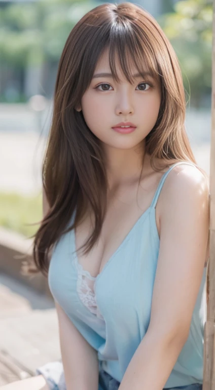 Smile、natta、Raw photography、(((Portrait of extreme beauty)))、((glistning skin))、女の子1人、-yeld beiful girl in Prague、bright expression、((brown haired))、(Show cleavage)、(Cotton Camisole)、[Big blue eyes that shine like jewels]、Glossy glossy skin、Silky long straight hair、eye liner、Beautiful bangs、Hair between the eyes、((​masterpiece、top-quality、ultra-detailliert、Film Light、intricate-detail、hight resolution、ighly detailed))、细致背景、8KUHD、Digital SLR、Soft light、hightquality、Film grain、FujifilmXT3 、Shallow depth of field、natural soft light、Kamimei、beutiful breast、cowboy  shot