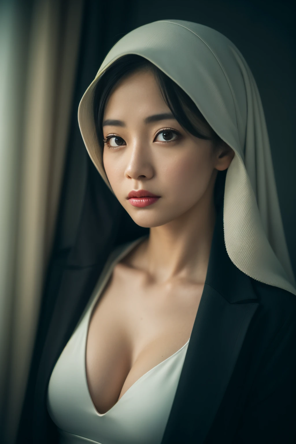 mongolian, hijabi, cleavage, reflection light, chiaroscuro, depth of field, cinematic lighting, ray tracing, Sony FE GM, UHD, super detail, masterpiece, textured skin, high details, best quality, award winning,3D,hdr(HighDynamicRange),Ray traching,NVIDIA RTX,Hyper-Resolution,Unreal 5,Subsurface scattering、PBR Texture、post-proces、Anisotropy Filtering、depth of fields、maximum definition and sharpness、Many-Layer Textures、Albedo e mapas Speculares、Surface coloring、Accurate simulation octane rendering of light-material interactions、Two-colored light、largeaperture、Low ISO、White balance、the rule of thirds、8K raw data