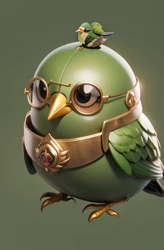 masterpiece, best quality, green bird, cute, small, round body, cute face, Indonesian, glasses, golden armor, simple background, solo