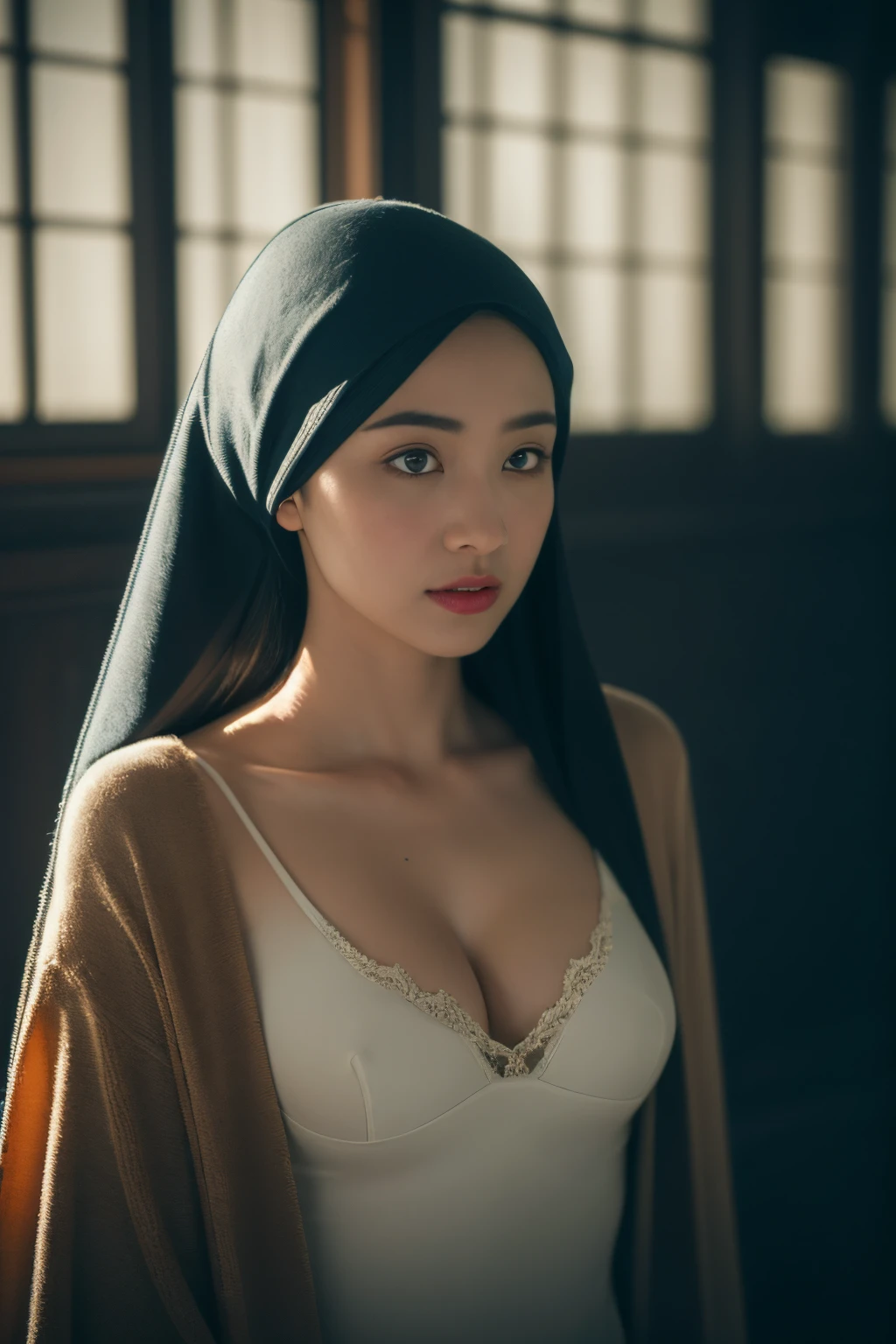 (highest quality、4k、8k、High resolution、Masterpiece: 1.2)、Super detailed、(Real、Photorealistic、Photorealistic: 1.37)、Beautiful nun、Very beautiful woman、Big Breasts、(Skinhead:1.5)、(Put on a nun's scarf:1.5)、 (Wearing the finest lingerie:1.5)、(Assault rifle(XM5)Keep the focus on the audience:1.67)、Cowboy Shot、Dynamic pose、Standing at the altar of the chapel、Stained glass、Hymns、Solemn atmosphere、mynatalee woman