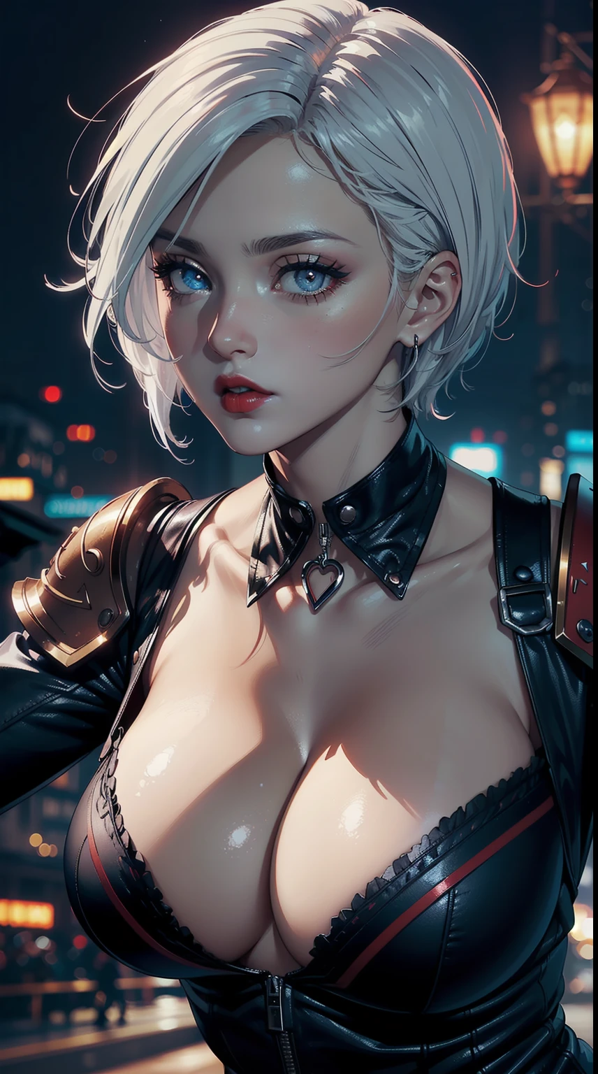 ((4k)),((masterpiece)),(best quality),((ultra detailed)), ((beautiful blurry night background)), ((cinematic lighting)), depth of field, (dynamic angle),((beautiful detailed eyes), ((dynamic pose)), pretty face, red lip, large boobs, ((cleavage)), ((gangster)), sexy, white hair, short hair, holding helm
