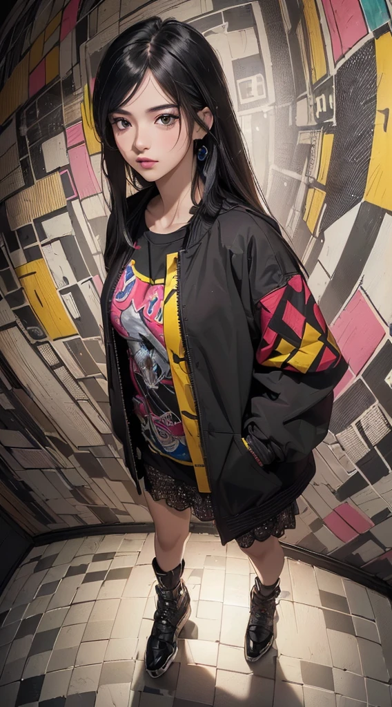 (((8k wallpaper of extremely detailed CG unit:1.2, masterpiece, hight resolution:1.2, top-quality:1.2, masutepiece))), ((a very beautiful woman, Hands in pockets:1.8, Grunge Fashion:1.2, wear a blouson:1.2, Wearing bottoms, Wearing shoes)), ((extra detailed face, Highly detailed black eyes, extra detailed body, Top quality real texture skins)), (A dark-haired, length hair, de pele branca), ((colorful geometric pattern wall, surrounded by colorful walls)), (high-angle:1.2, a closeup, Fisheye:1.3), hyper realisitic, digitial painting,