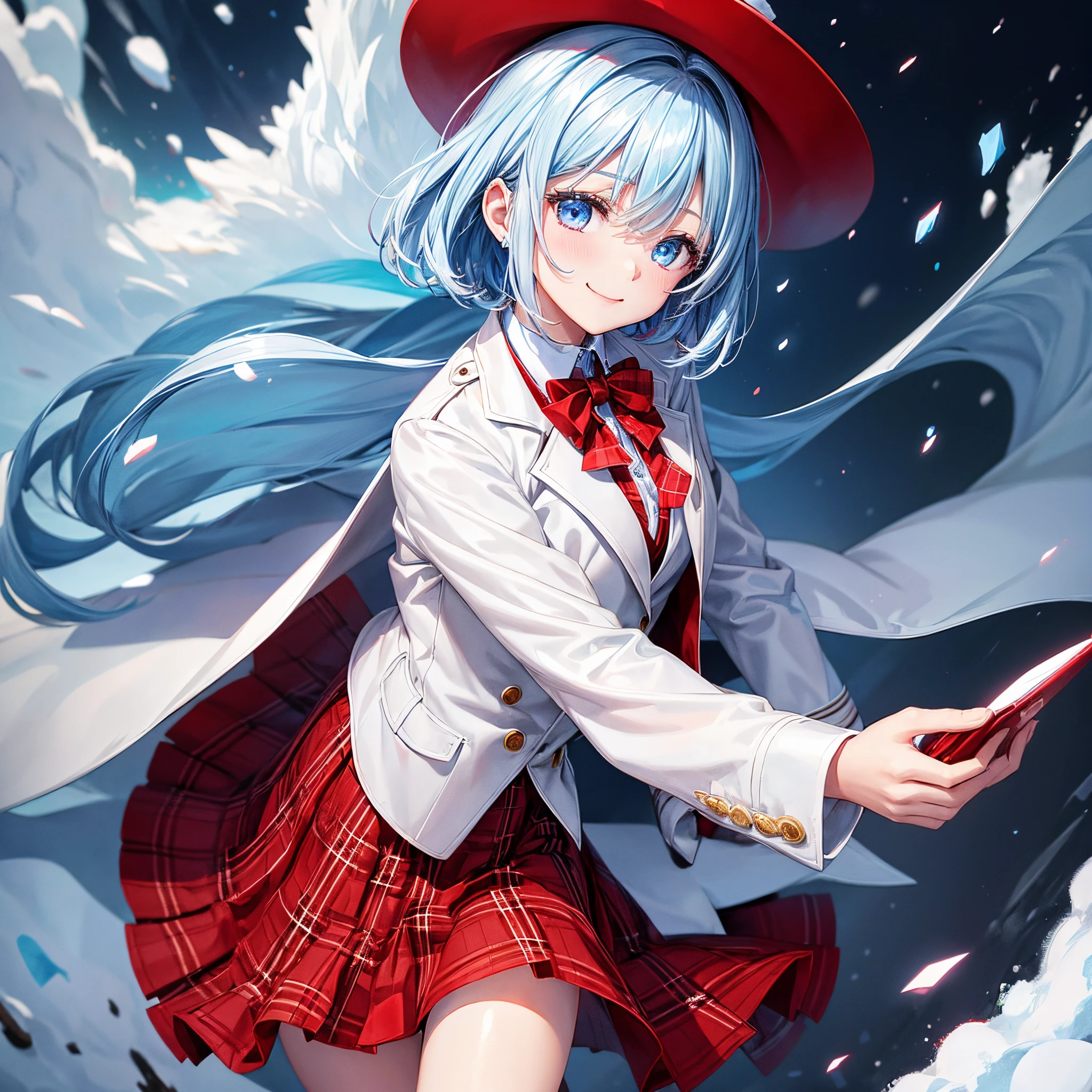 one girls、animations、snowscape、winter sky、short-hair、pale blue hair、blue eyess、coat、blazers、(Plain white shirt)、(red bowtie)、(Red plaid skirt)、Black stockings、A smile、red tide、hightquality、best qualtiy、