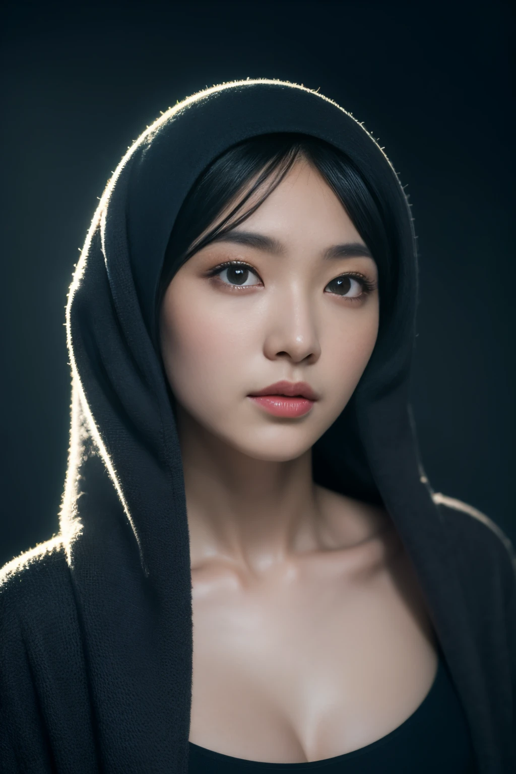 mongolian, hijabi, cleavage, reflection light, chiaroscuro, depth of field, cinematic lighting, ray tracing, Sony FE GM, UHD, super detail, masterpiece, textured skin, high details, best quality, award winning,3D,hdr(HighDynamicRange),Ray traching,NVIDIA RTX,Hyper-Resolution,Unreal 5,Subsurface scattering、PBR Texture、post-proces、Anisotropy Filtering、depth of fields、maximum definition and sharpness、Many-Layer Textures、Albedo e mapas Speculares、Surface coloring、Accurate simulation octane rendering of light-material interactions、Two-colored light、largeaperture、Low ISO、White balance、the rule of thirds、8K raw data